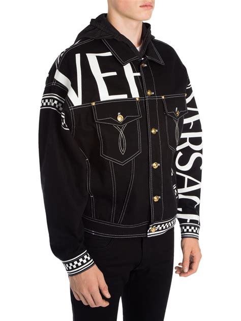 versace logo check print denim jacket|Versace jeans coats.